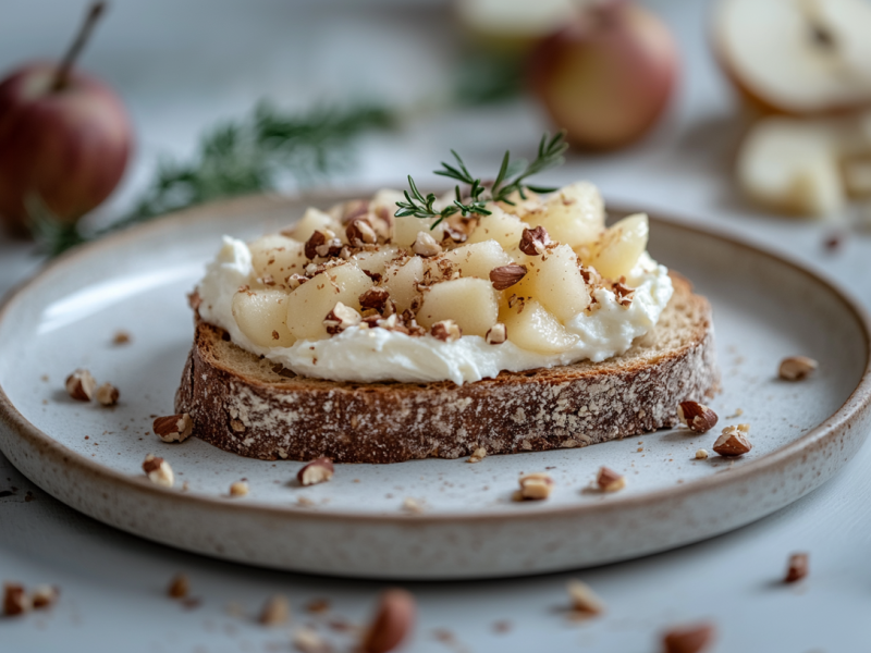 Ein Bratapfel-Toast mit FrischkÃ¤se und Apfelscheiben belegt auf einem Brett, dahinter frische ganze Ã„pfel.