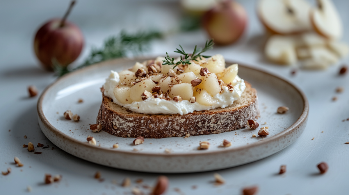 Ein Bratapfel-Toast mit Frischkäse und Apfelscheiben belegt auf einem Brett, dahinter frische ganze Äpfel.