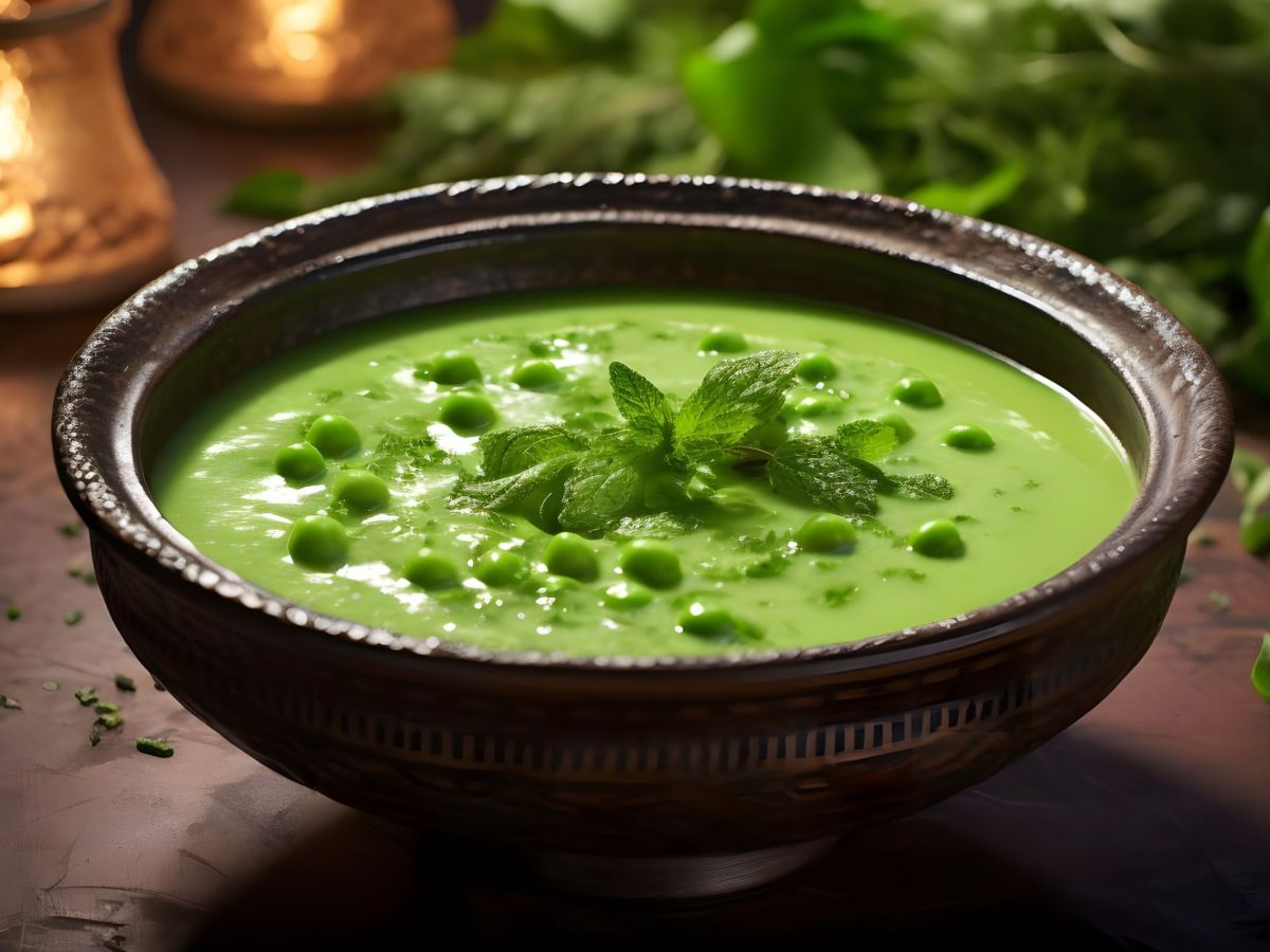 Erbsen-Minz-Suppe, serviert in einer Schüssel mit frischen Erbsen und Kräutern.