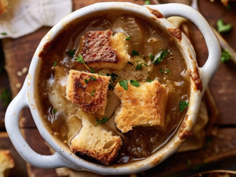 Eine Terrine mit Brotsuppe, von oben fotografiert.