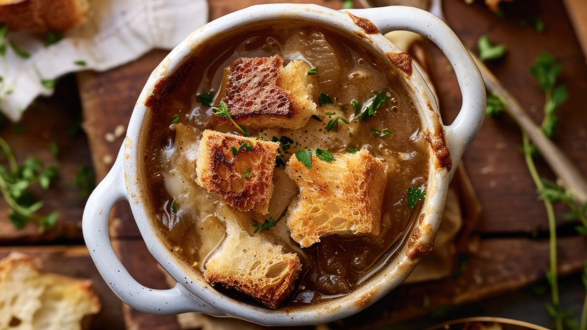 Eine Terrine mit Brotsuppe, von oben fotografiert.