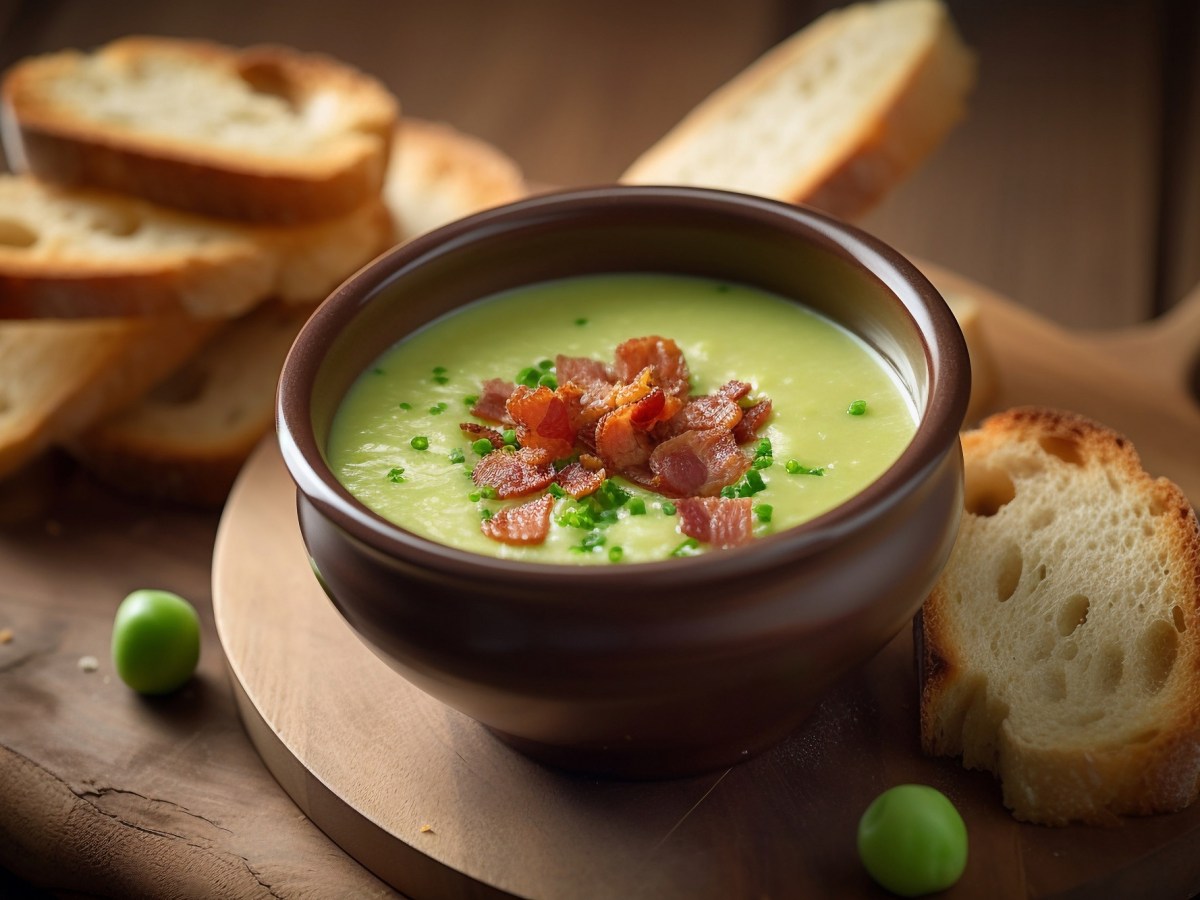 Eine Schale mit Erbsensuppe und gebratenem Speck auf einem Holzbrett mit Brotscheiben dabenen.