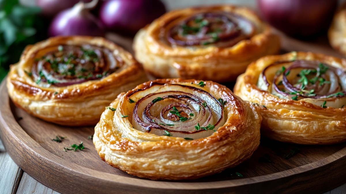 Teller mit Ein leckerer Snack für viele Gelegenheiten: französische Zwiebel-Tartelettes im handlichen Mini-Format.