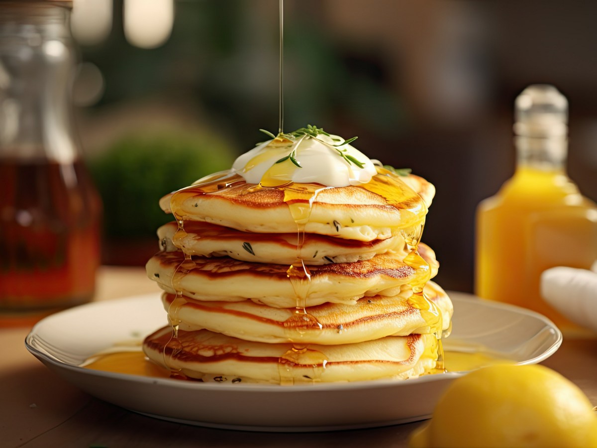 Teller mit einem Stapel Zitronen-Ricotta-Pancakes auf Holztisch.