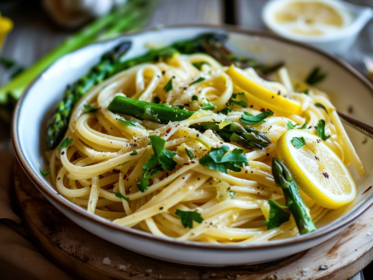 Ein Teller mit Zitronen-Spargel-Nudeln und Zitrone im Hintergrund