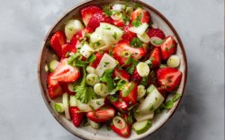 Eine Schüssel Kohlrabi-Erdbeer-Salat in der Draufsicht.