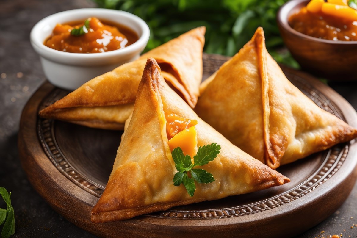 Drei süße Samosas mit Mango-Kokos-Füllung. Schalen mit Mango-Chutney stehen im Hintergrund.