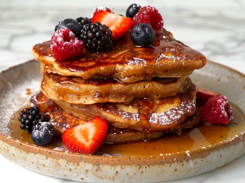 Ein Stapel Apfel-Bananen-Pancakes mit frischen Beeren und Ahornsirup auf einem Teller.