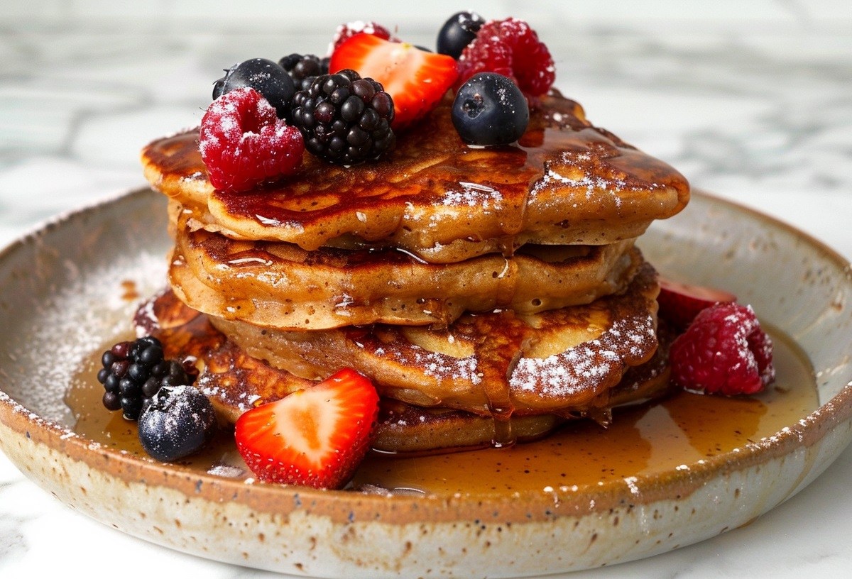 Ein Stapel Apfel-Bananen-Pancakes mit frischen Beeren und Ahornsirup auf einem Teller.