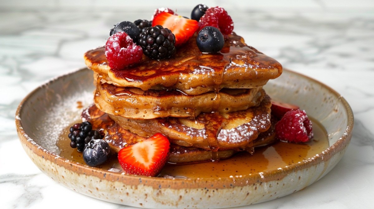 Ein Stapel Apfel-Bananen-Pancakes mit frischen Beeren und Ahornsirup auf einem Teller.