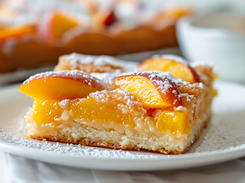 Ein Stück Pfirsich-Blechkuchen auf weißem Teller.