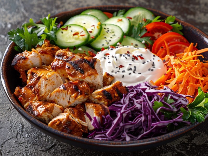 Döner-Bowl mit Rotkohl, Weißkohl, Möhren, Gurken und Fleisch, außerdem Joghurtsoße.