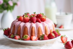 Gugelhupf mit Erdbeeren und rosa Zuckerguss