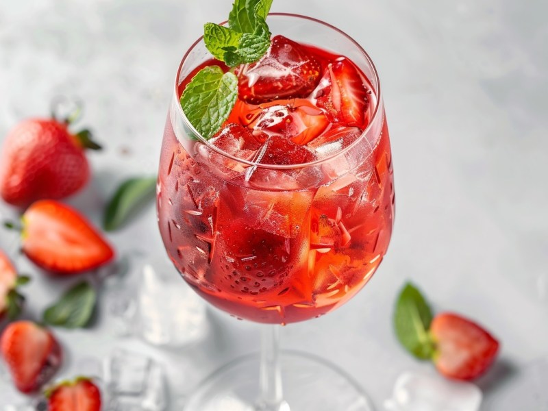 Ei Weinglas Erdbeer-Limoncello-Spritz mit Eiswürfeln und Erdbeeren, garniert mit Minze, drumherum unscharf Erdbeeren.