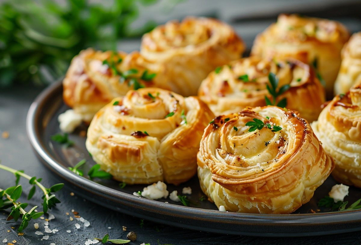 Feta-Blätterteig-Schnecken auf einem dunklen Teller, garniert mit Kräutern, Nahaufnahme.