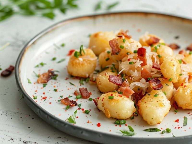 Ein Teller Gebratene Gnocchi mit Sauerkraut und Speck, Nahaufnahme.