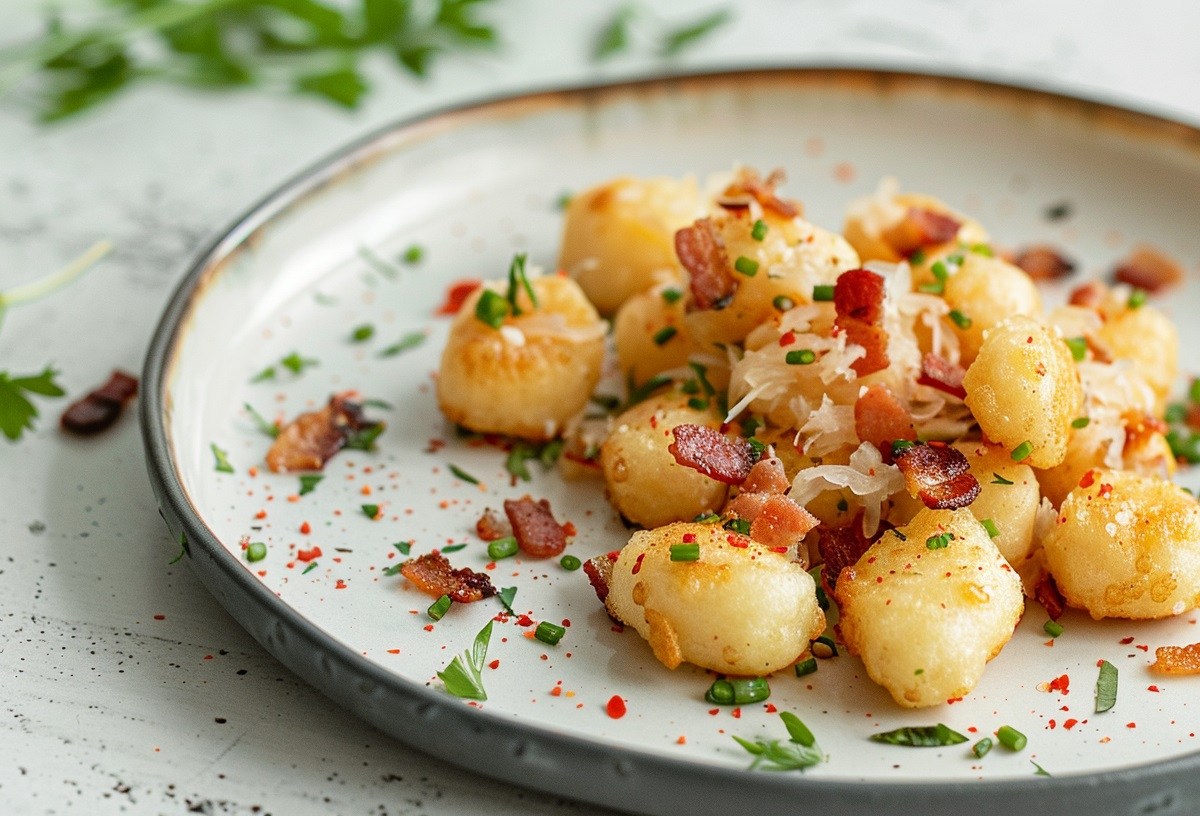 Ein Teller Gebratene Gnocchi mit Sauerkraut und Speck, Nahaufnahme.