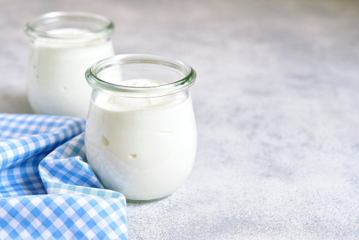 Joghurt selber machen: zwei Gläser Joghurtauf einer grauen Oberfläche. Daneben ein kariertes Tuch.