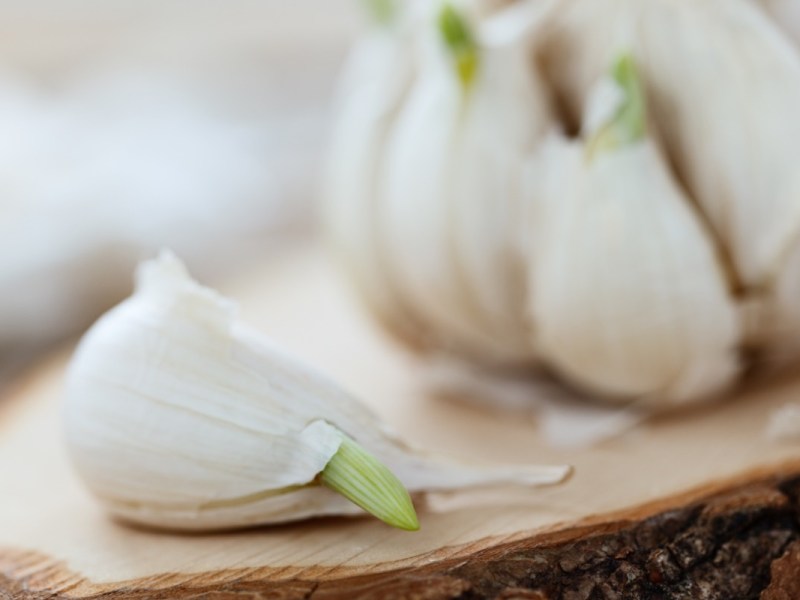 Keimender Knoblauch auf Holzbrett in Nahaufnahme.