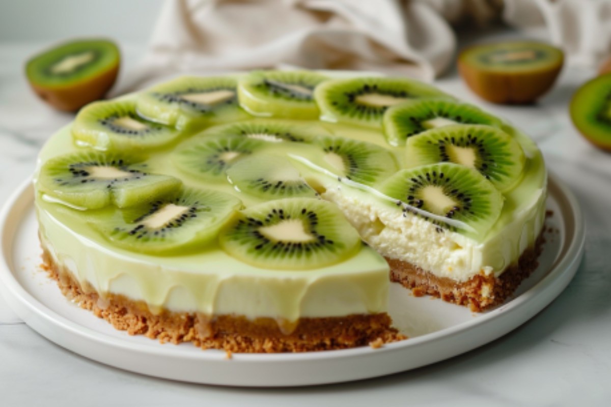 Ein Kiwi-Cheesecake, aus dem schon ein StÃ¼ck geschnitten wurde.