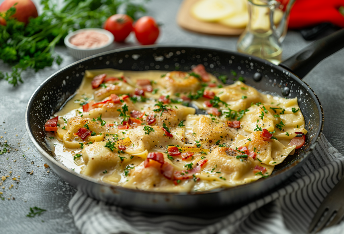 Maultaschenpfanne mit Apfel und Bacon in einer schwarzen Pfanne. Daneben liegen Zutaten.