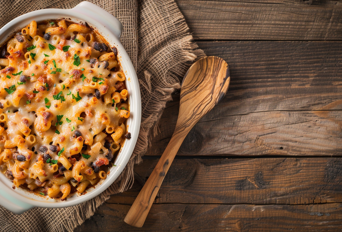 Nudelauflauf mit Chili con Carne in einer Auflaufform, daneben liegt ein Holzlöffel.