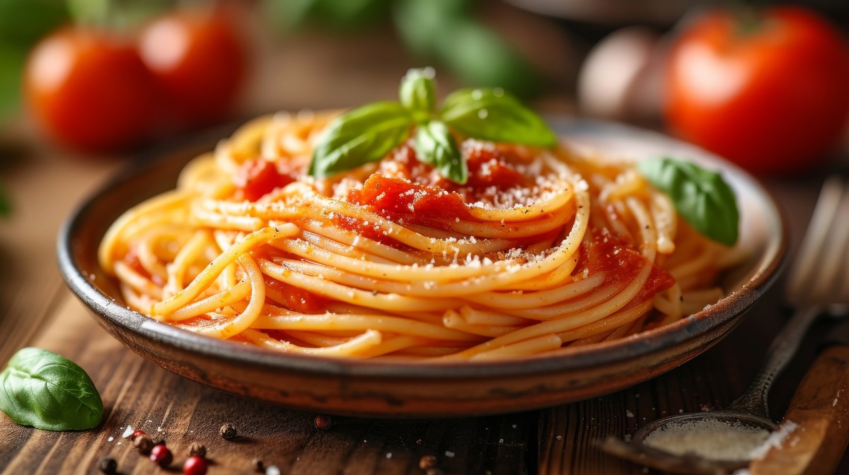 Teller mit Nudeln mit sizilianischer Tomatensoße, daneben frische Tomaten und Basilikum.