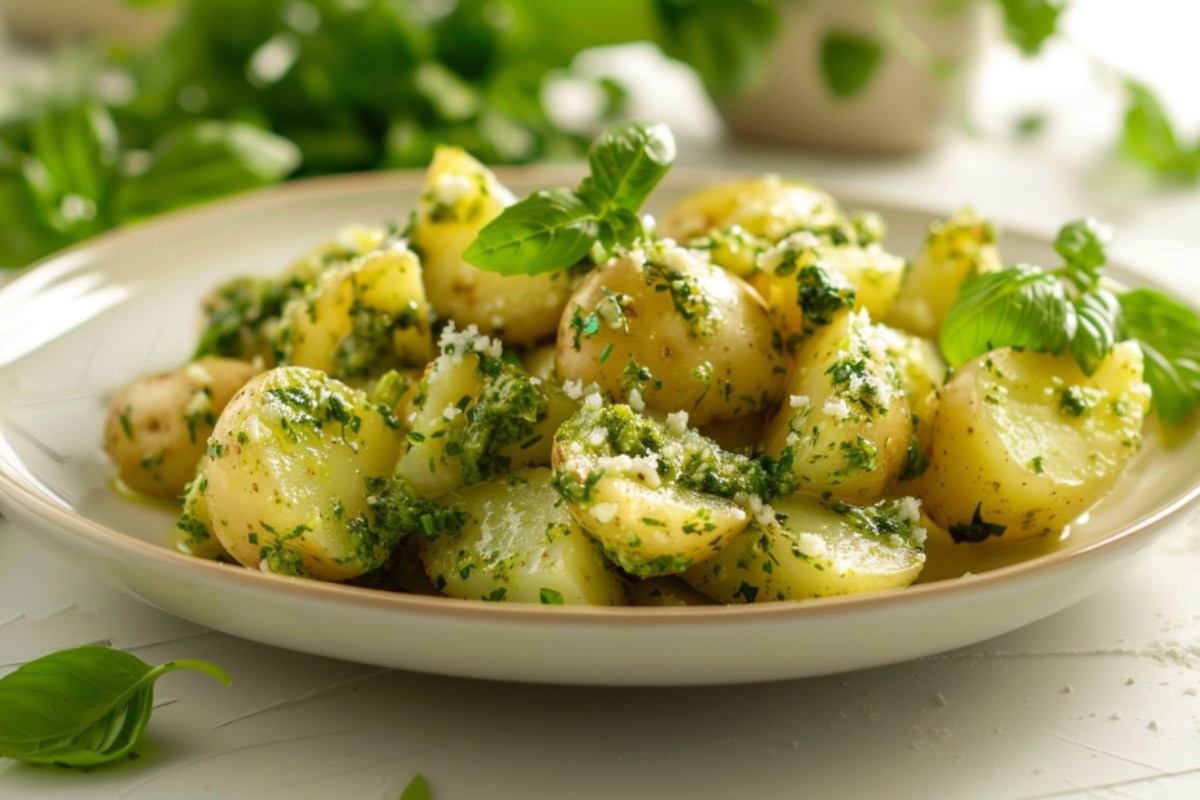 Ein Teller mit Pesto-Kartoffelsalat.