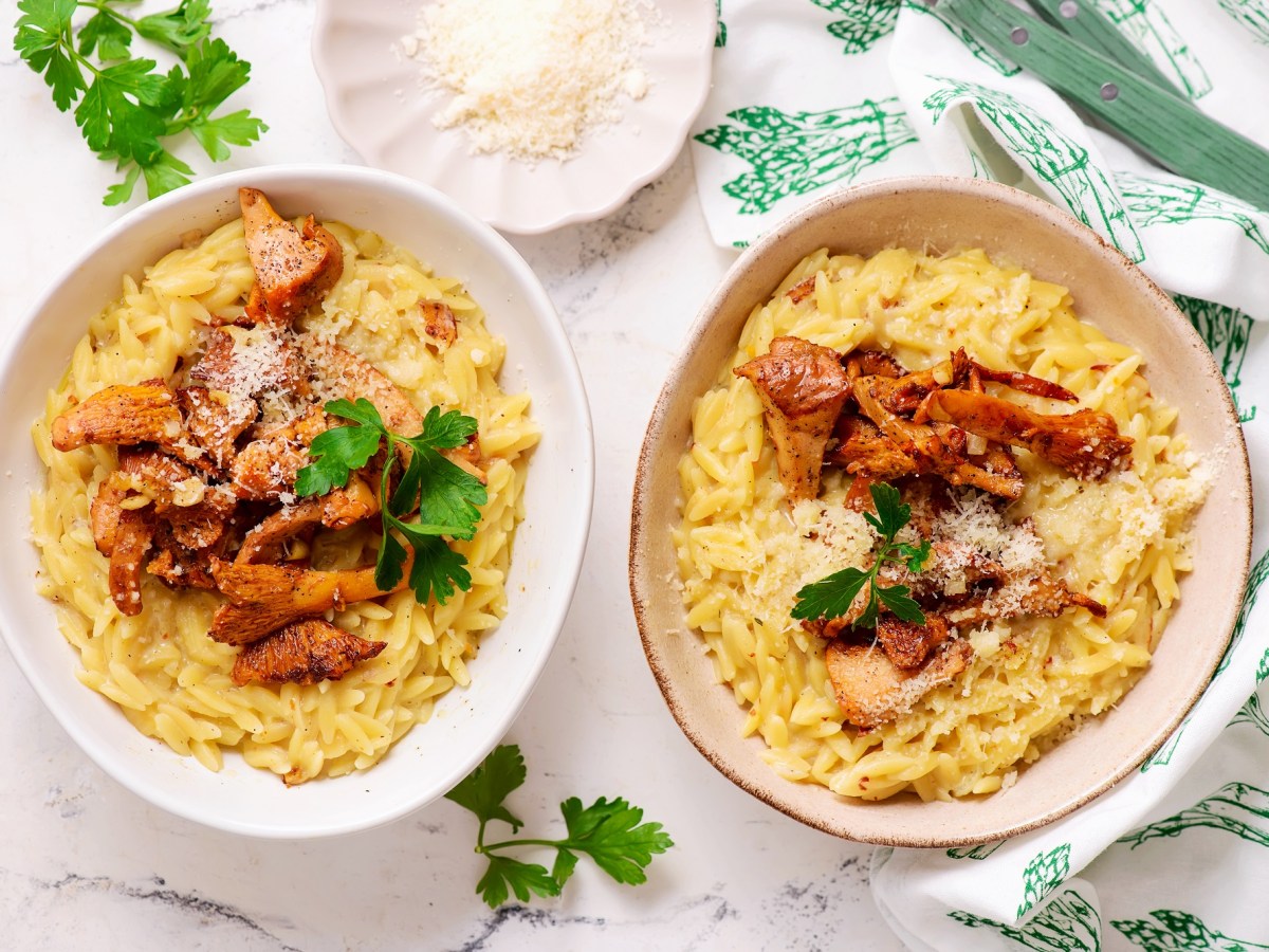 Zwei Teller Pfifferlingsrisooto mit Parmesan.