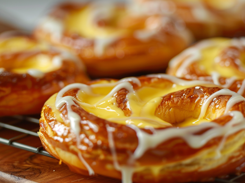 Puddingbrezel aus Blätterteig auf einem Kuchengitter