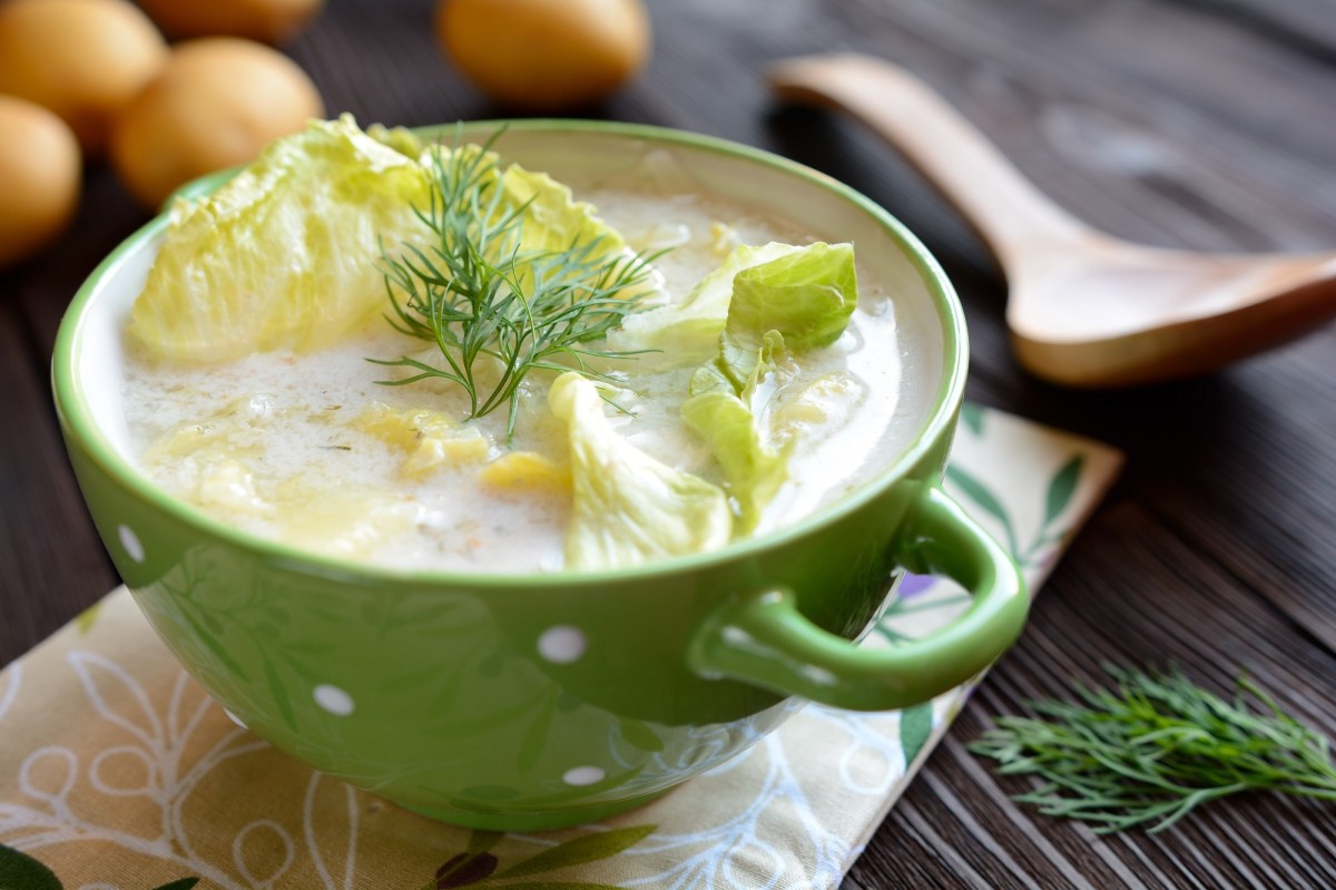 Eine Schüssel Salatsuppe mit Kartoffeln.