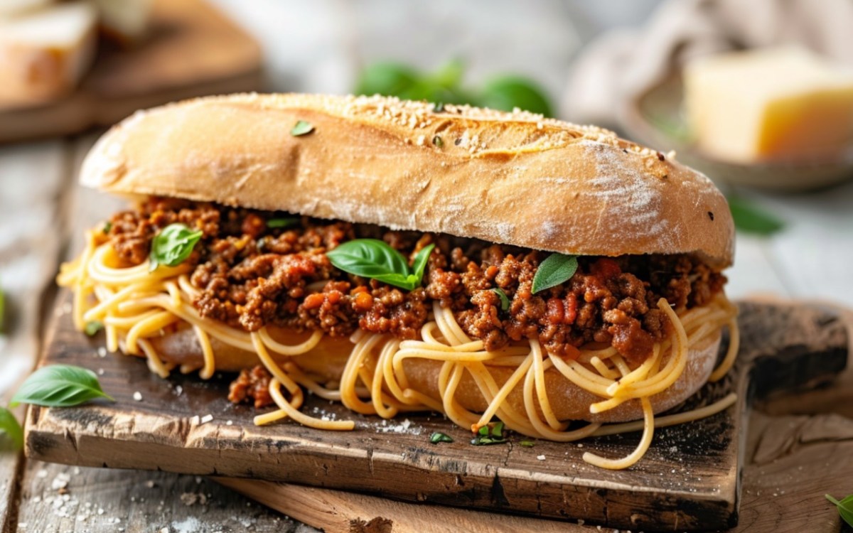 ein Spaghetti-Bolognese-Sandwich im Baguettebrötchen auf einem Brett, garniert mit Basilikum.