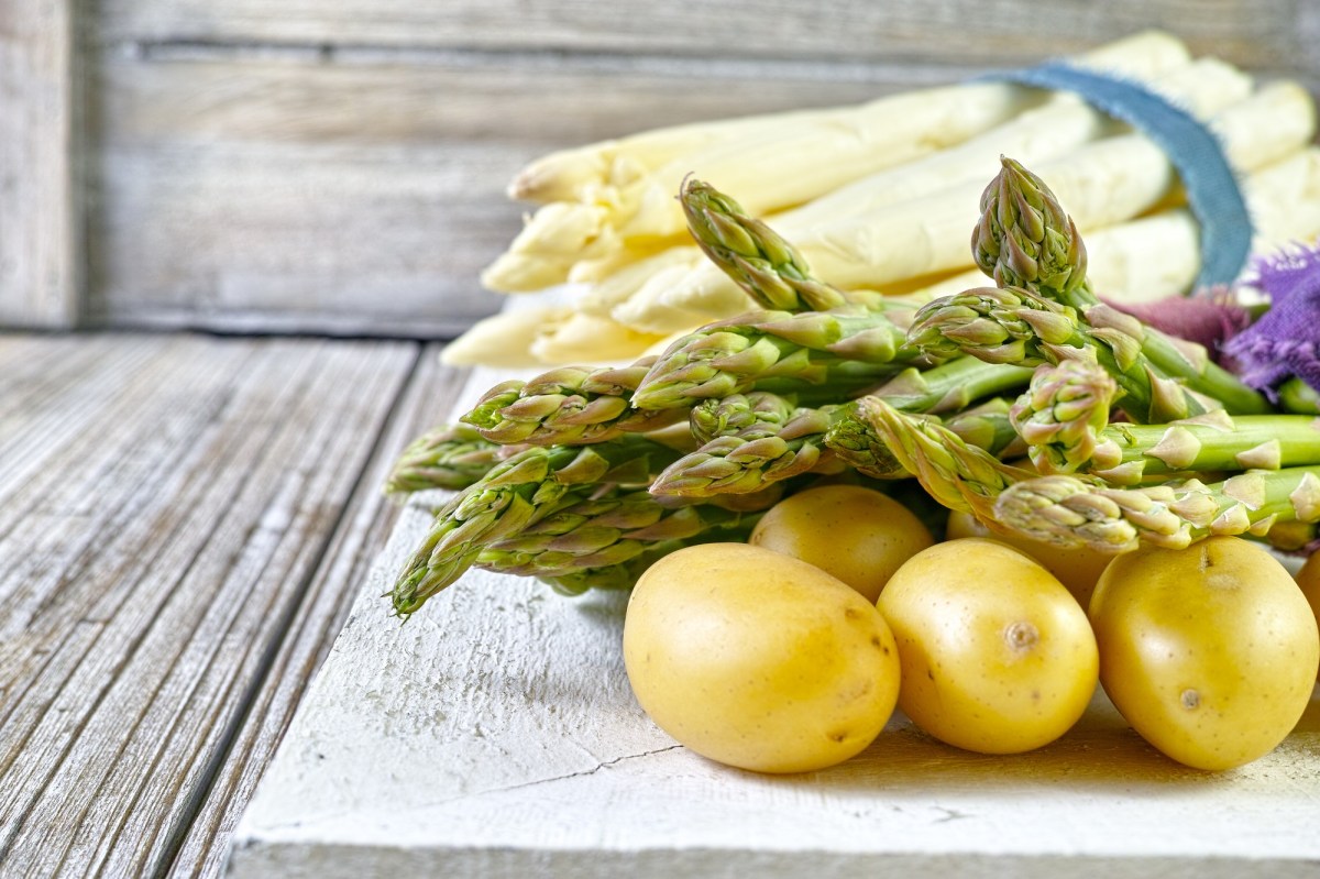 Spargelrezepte: je ein Bund Weißer und grüner Spargel mit Kartoffeln.