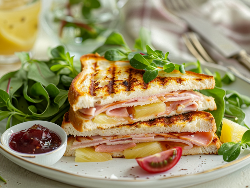 Toast Hawaii aus dem Sandwichtoaster auf einem Teller, serviert mit Preiselbeeren und Salat.