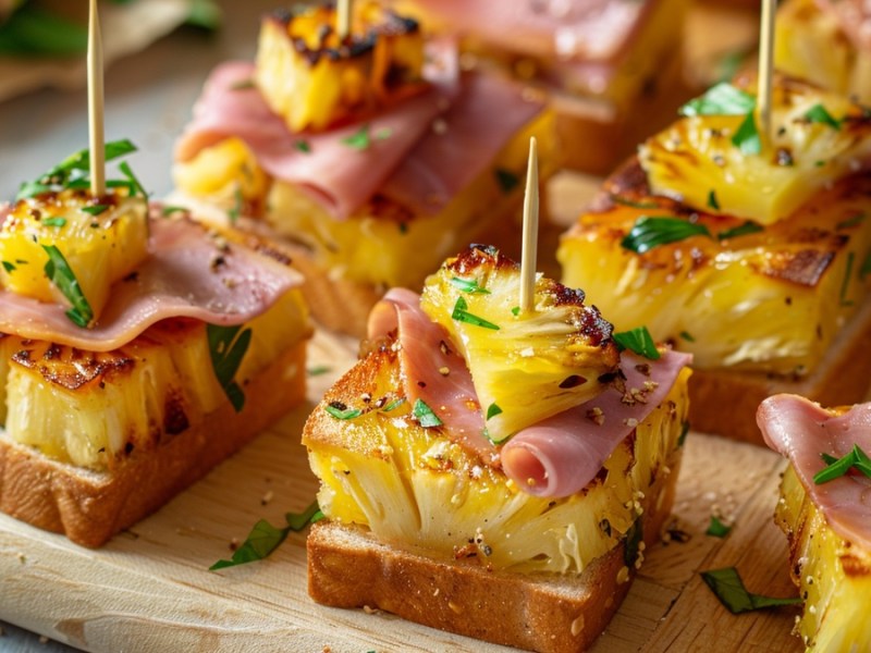 Toast-Hawaii-Spieße in Nahaufnahme auf braunem Brett.