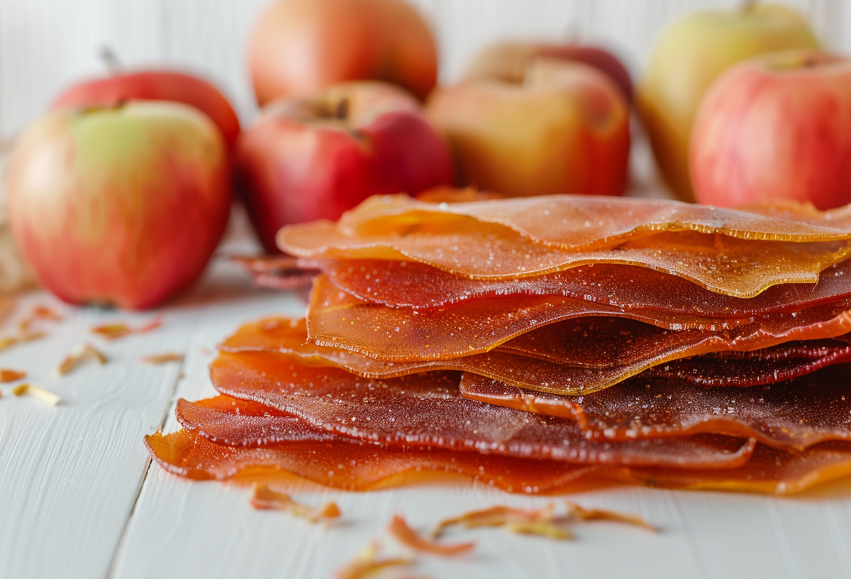 Mehrere Blätter Apfel-Fruchtleder auf einem hellen Untergrund. Im Hintergrund sind unscharf einige Äpfel zu erkennen.