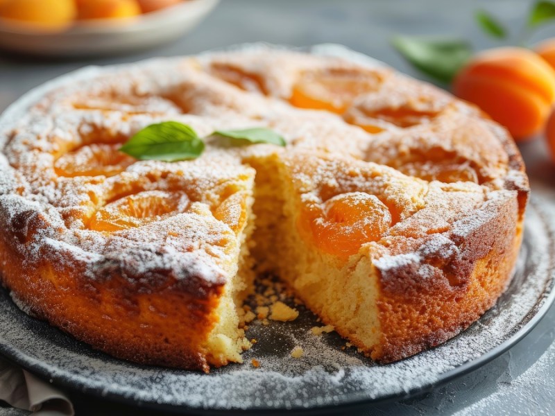 Aprikosen-Joghurt-Kuchen mit Aprikosen-Deko und Minze.