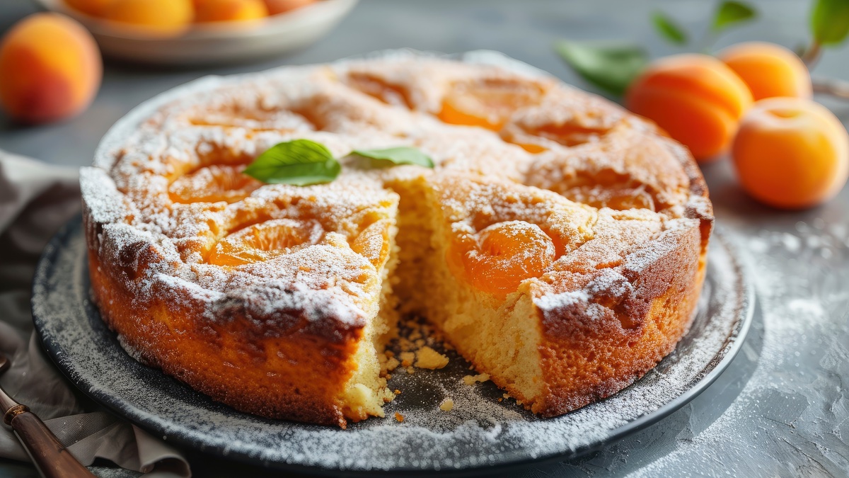 Aprikosen-Joghurt-Kuchen mit Aprikosen-Deko und Minze.