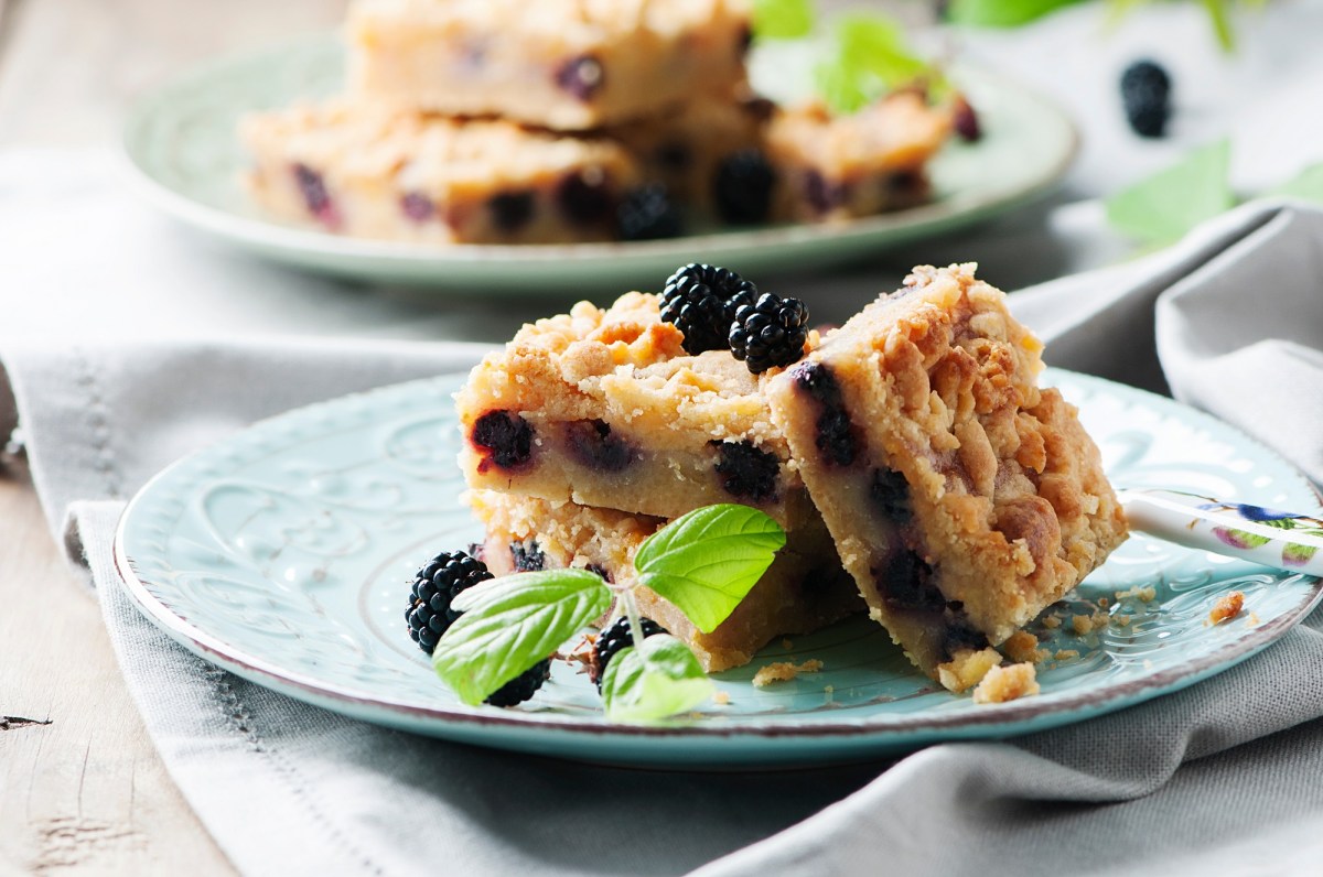 Brombeer-Blondies auf einem hellblauen Teller. Davor liegt ein Zweig Minze.