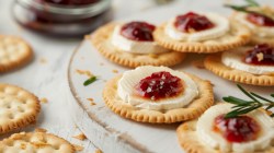 Camembert-Cracker mit Marmelade auf einem weißen Teller.