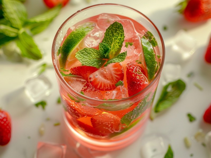 Ein Glas Erdbeer-Mojito mit Eis, Erdbeeren, Limettenscheiben und Minze, drumherum Erdbeeren und Minze, Nahaufnahme.