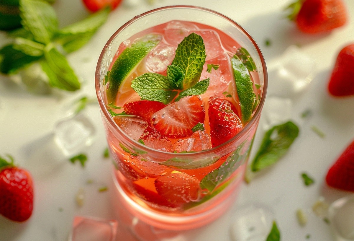 Ein Glas Erdbeer-Mojito mit Eis, Erdbeeren, Limettenscheiben und Minze, drumherum Erdbeeren und Minze, Nahaufnahme.