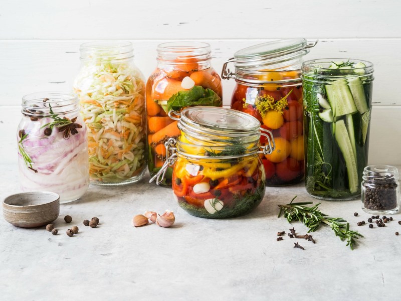 Fermentieren für Anfänger: mehrere Gläser mit eingelegten Gemüsesorten vor einem hellen Hintergrund.
