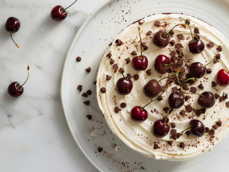 Kuchen mit Sahne und Kirschen auf weißem Hintergrund