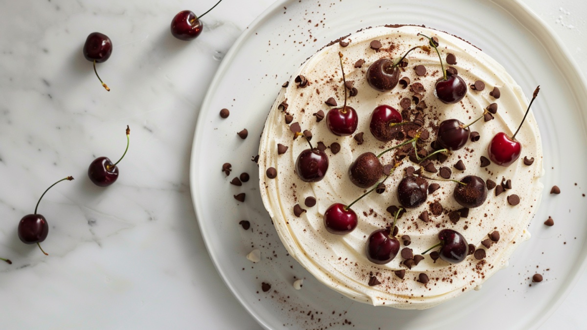 Kuchen mit Sahne und Kirschen auf weiÃŸem Hintergrund