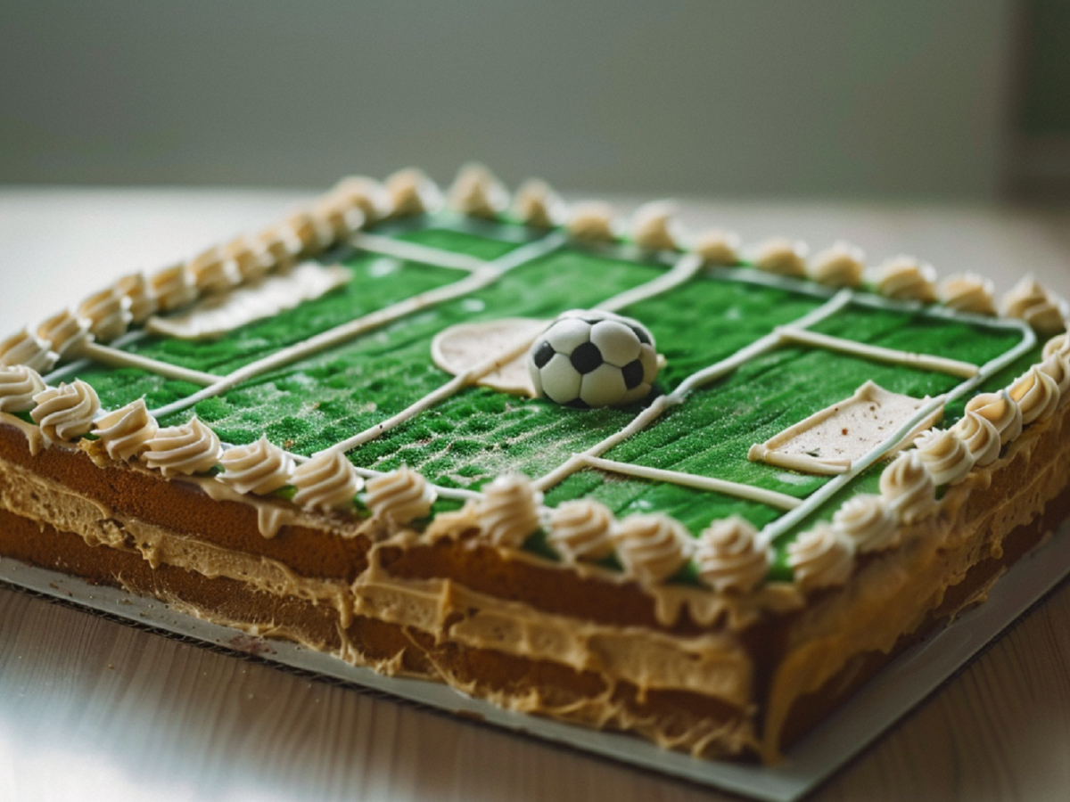 Ein dekorierter Fußballfeld-Kuchen auf einem Tisch.