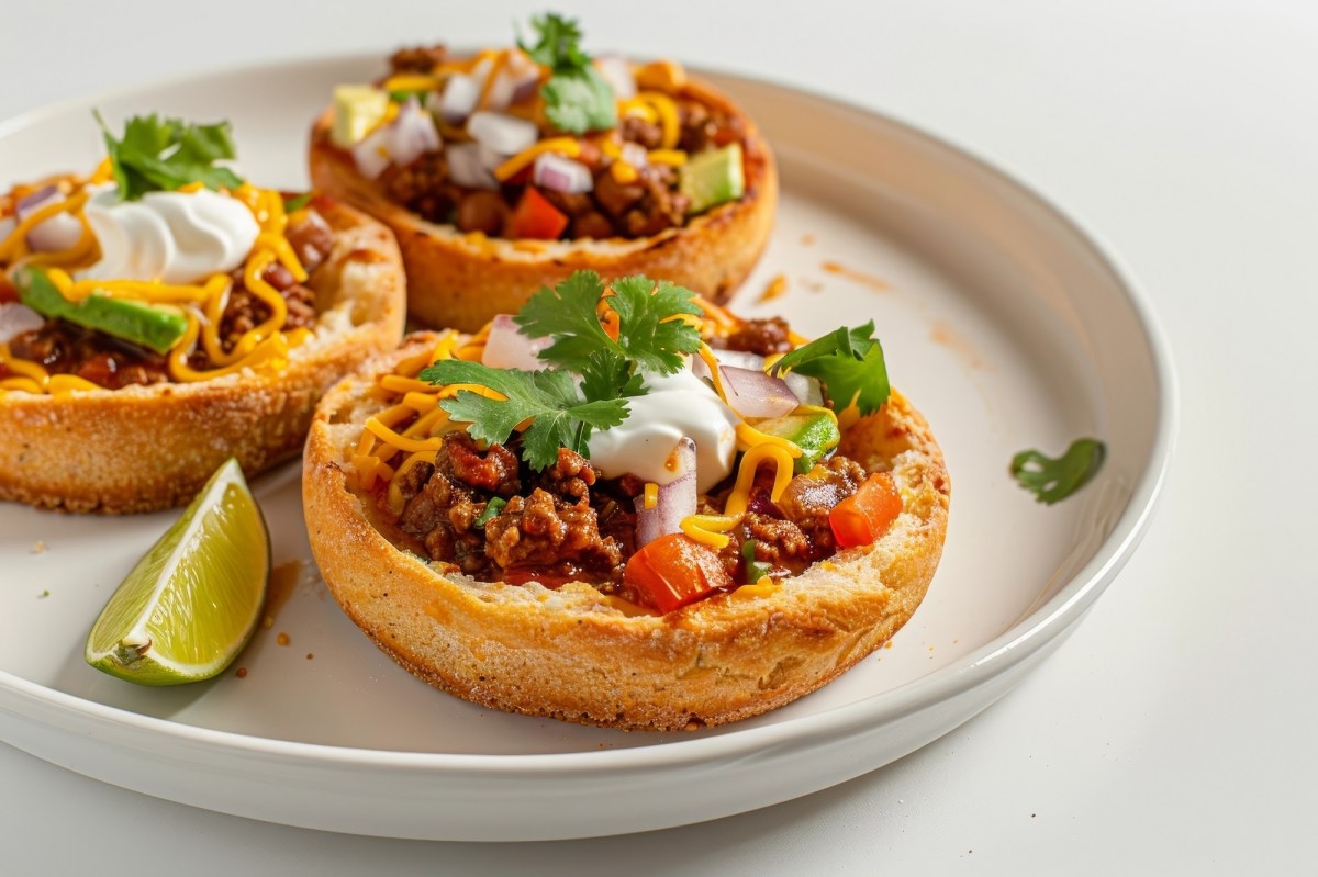 3 Gefüllte Toastbrötchen mit Chili con Carne auf einem weißen Teller, mit Käse und Schmand getoppt.