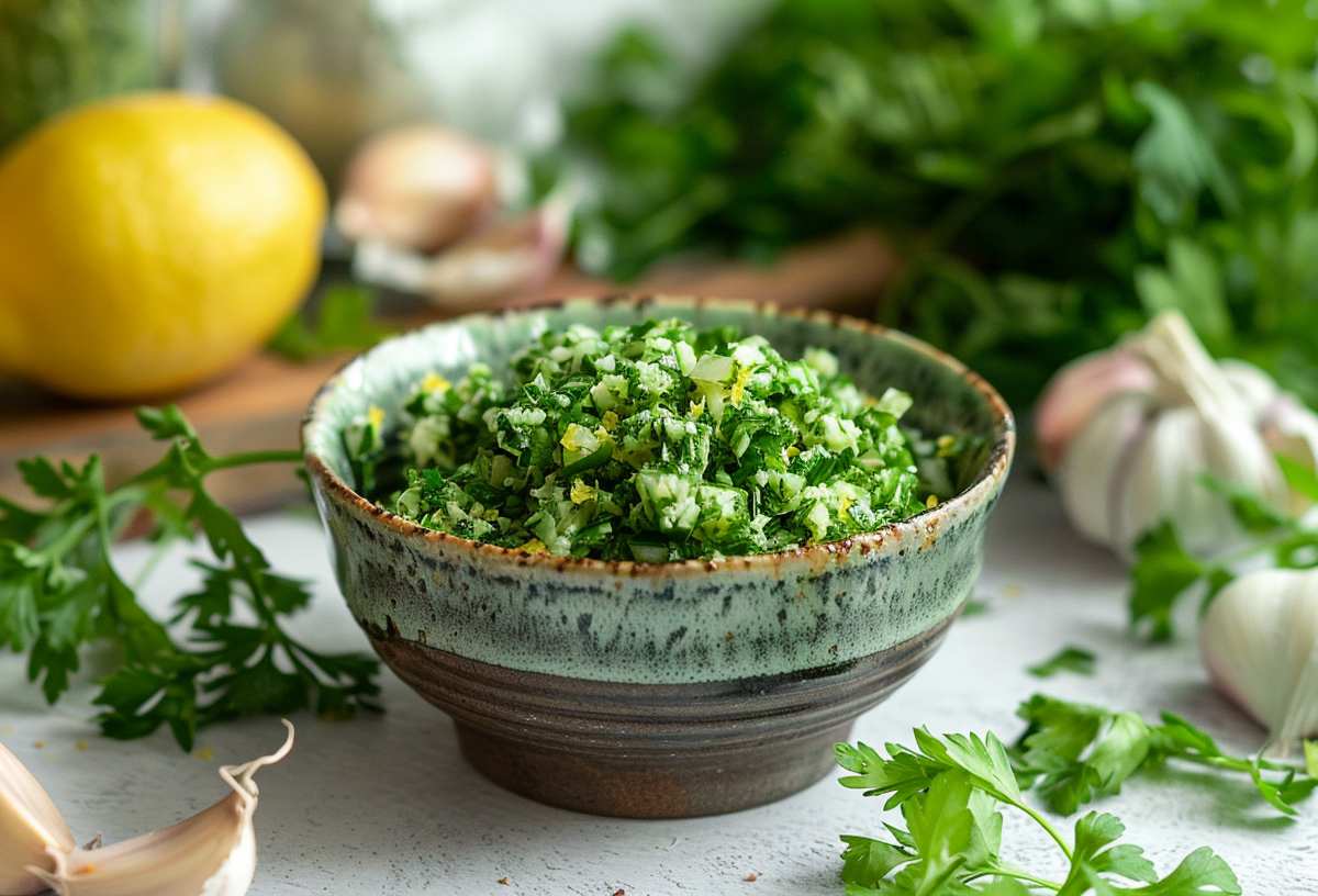 Eine Schüssel Gremolata, drumherum frische Petersilie, Zitronen und Knoblauch.