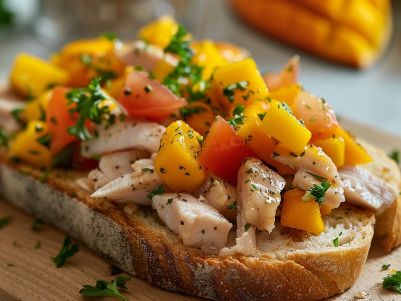 Hähnchen-Mango-Toast mit Kräutern in Nahaufnahme