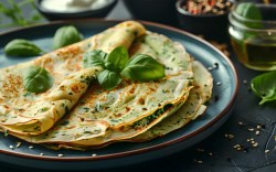 Kräuter-Käse-Blinis auf einem Teller, garniert mit frischem Basilikum.